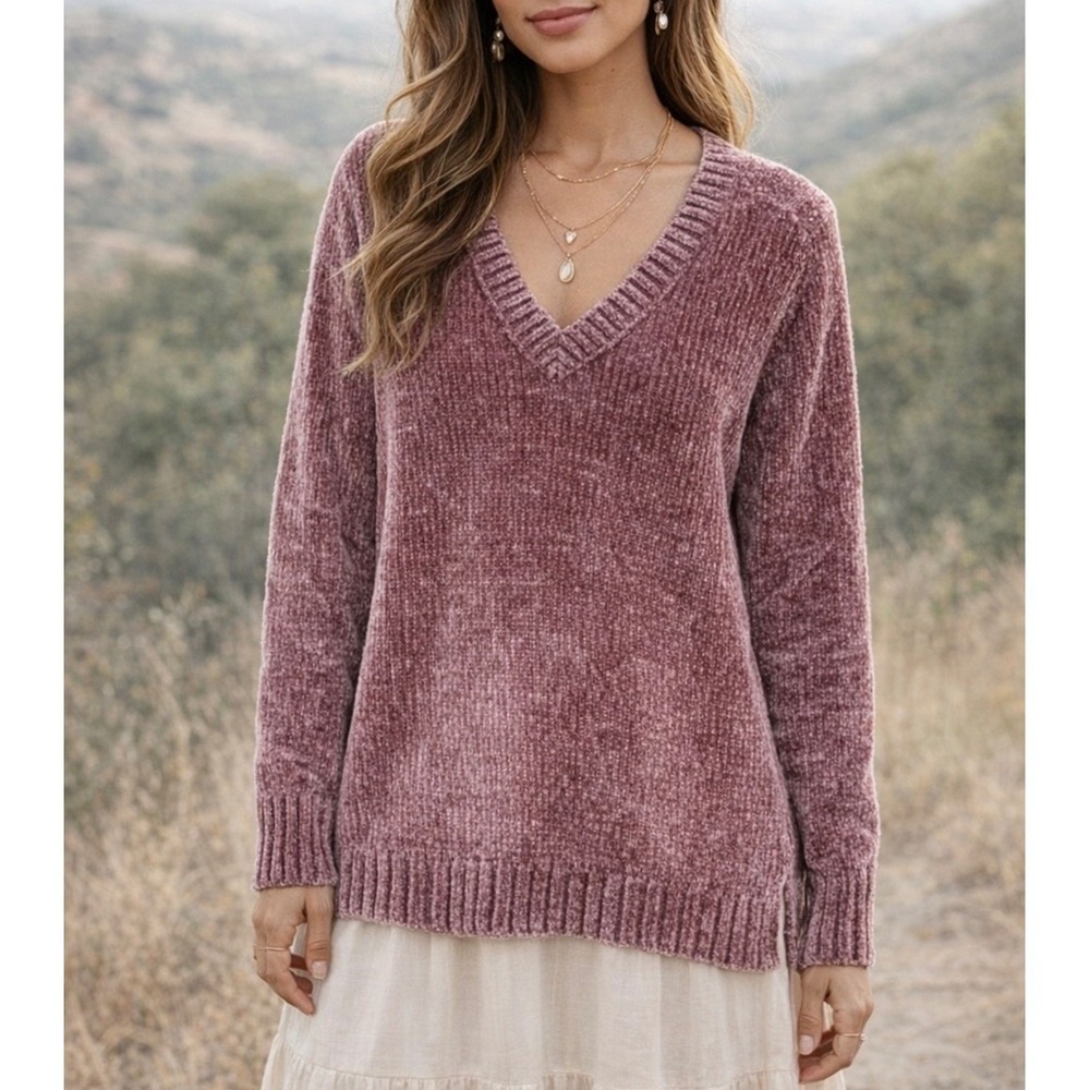 Orvis Women's Chenille Sweater Medium Dusty Rose V-Neck Pullover Cozy Plush Knit